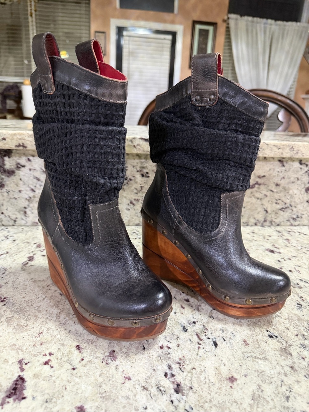 BED STU Womens Black Knit Shaft Wedge Boot with Wood Platform
